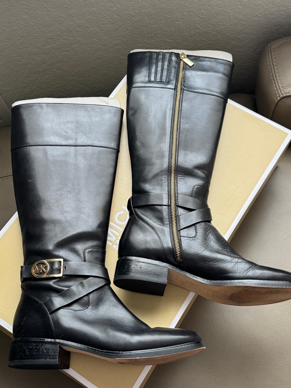 Michael Kors Black Leather Knee Boots with Gold MK Buckle